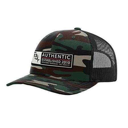 13 Fishing Brochacho, Curved Brim, Snapback Trucker Hat, Green Camp WRectangle Est 2010 Logo, Mid Profile, Me HTH5